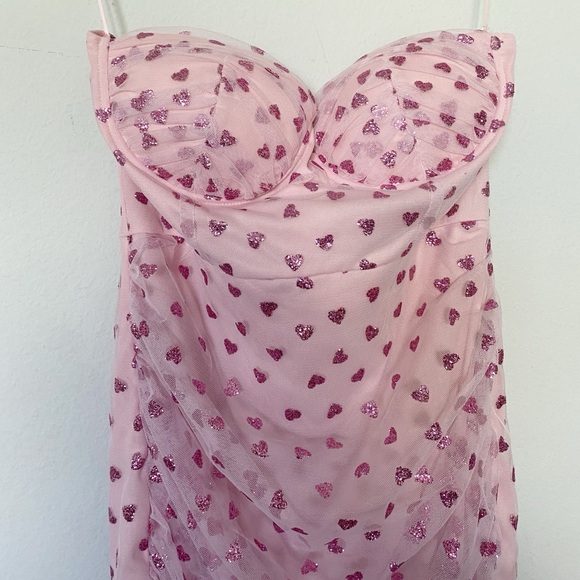 Superdown Fifi Mesh Mini Dress Pink Glitter Heart Print Bodycon Party Sz Medium - Picture 7 of 12